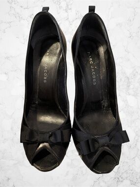 Marc Jacobs Black Peep-Toe Pumps with Grosgrain Bow